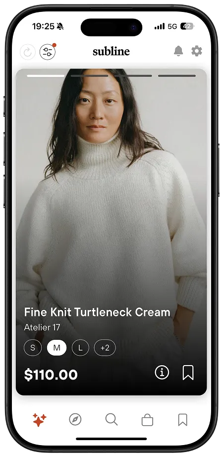 Capture de l'application mobile Subline : fiche produit en plein écran avec tailles, prix et mise en liste d'envies